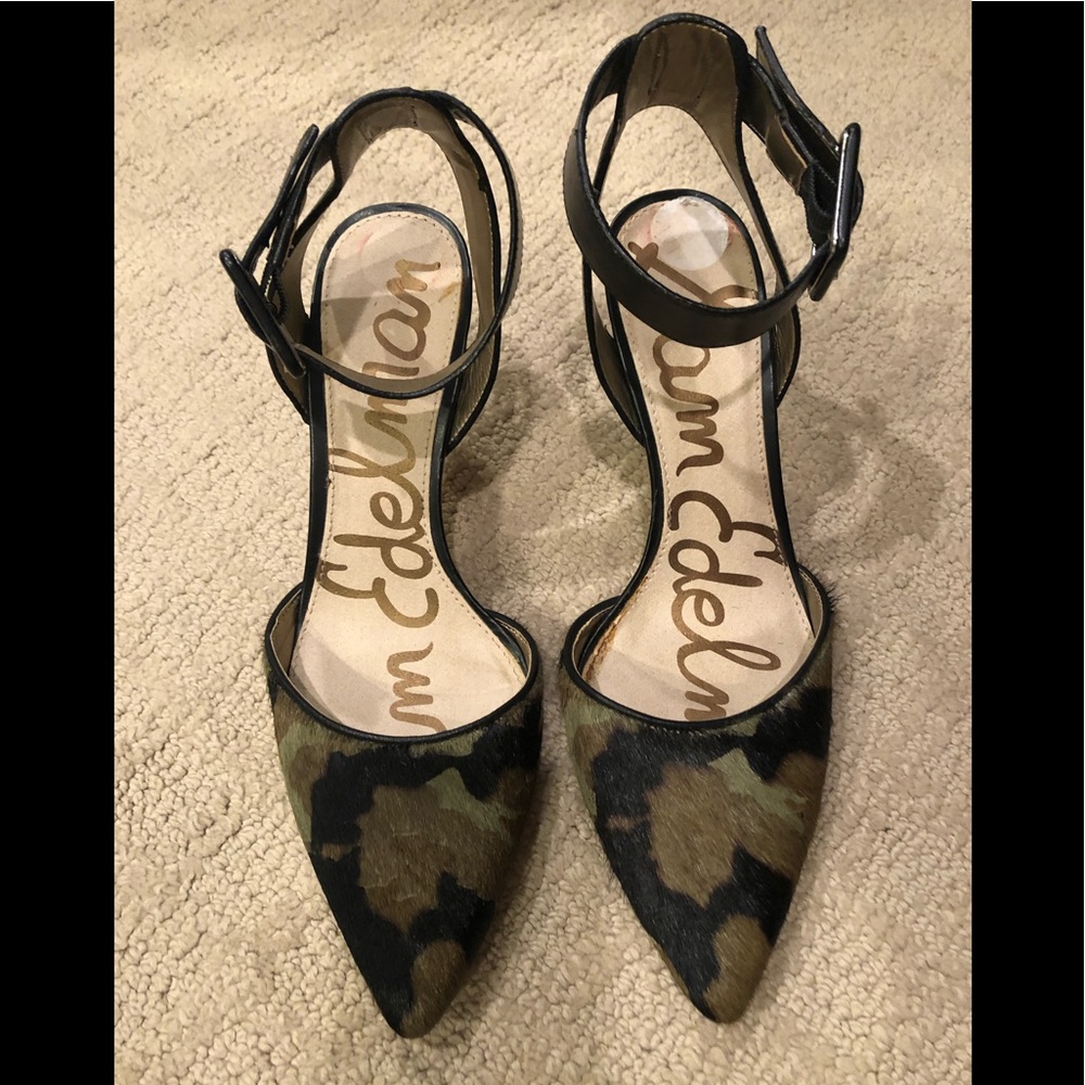 Sam Edelman camo., calf hair, ankle strap heels
